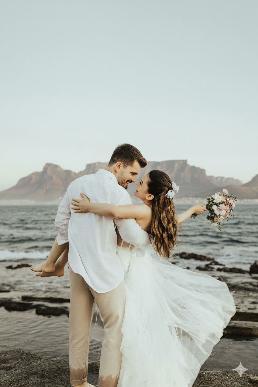 A bride and groom on the rocks at Dolphin Beach with Table Mountain behind them