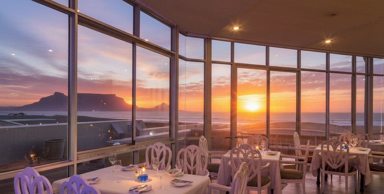 The Blowfish dining room at sunset with Table Mountain across the bay